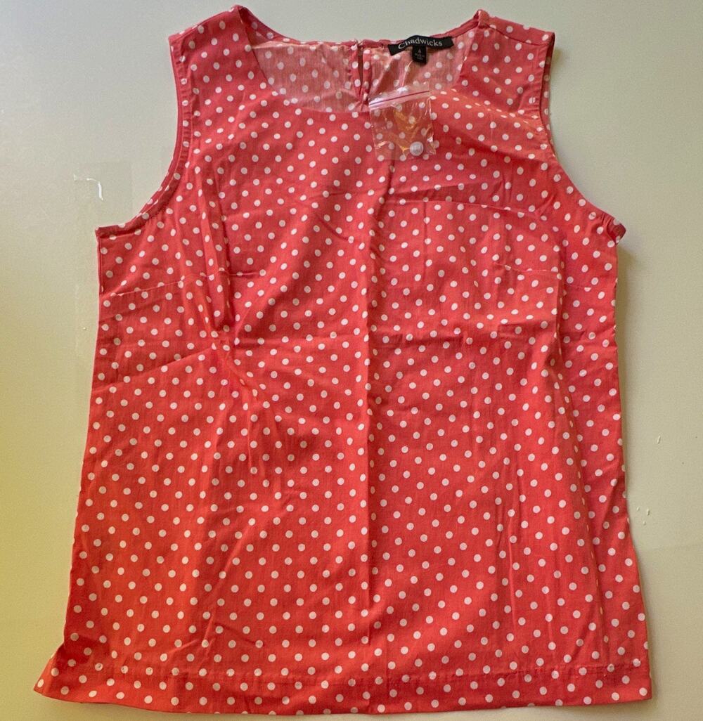 Chadwicks Women’s Sleeveless Blouse Pink/White Polka Dot Size 4 Cotton Fitted